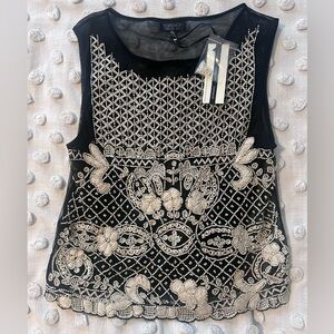 Topshop Black Blouse with Intricate White Embroidery and Beading